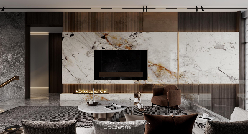 District One upper-level salon with marble fireplace